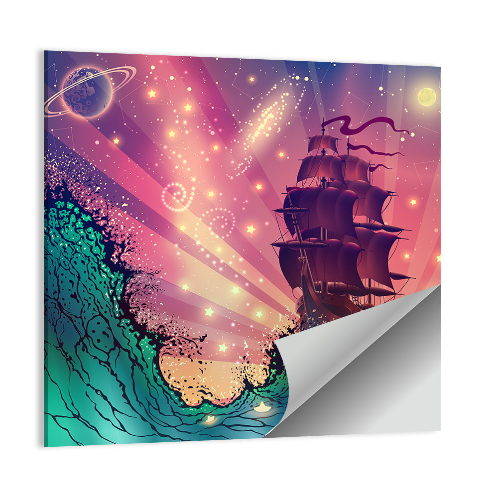 Tall Ship on Cosmic Waves Wall Art