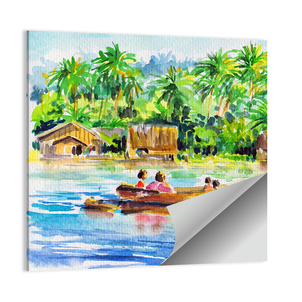Boat in Tropical Village Wall Art