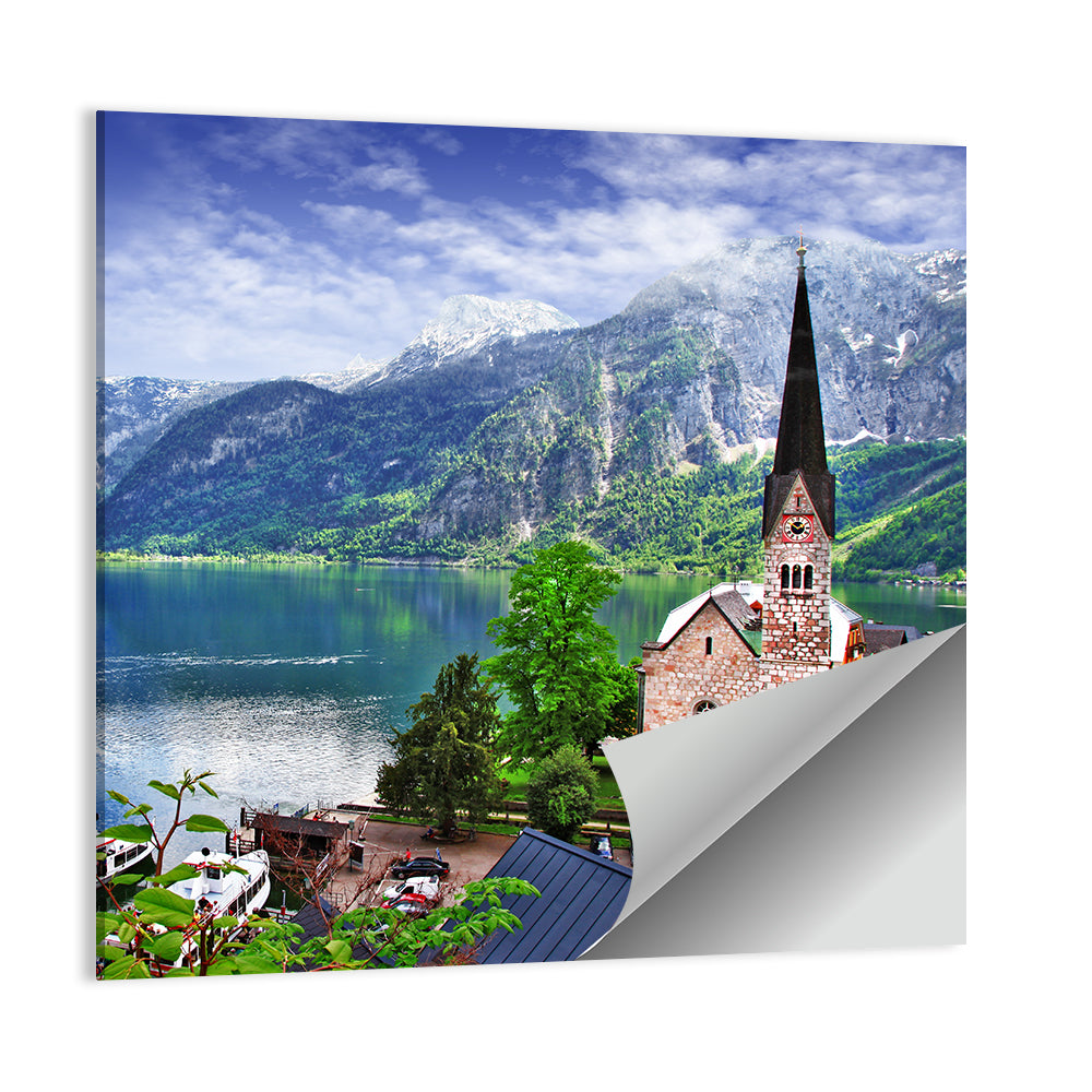 Hallstatt Lake View with Church Tower Wall Art