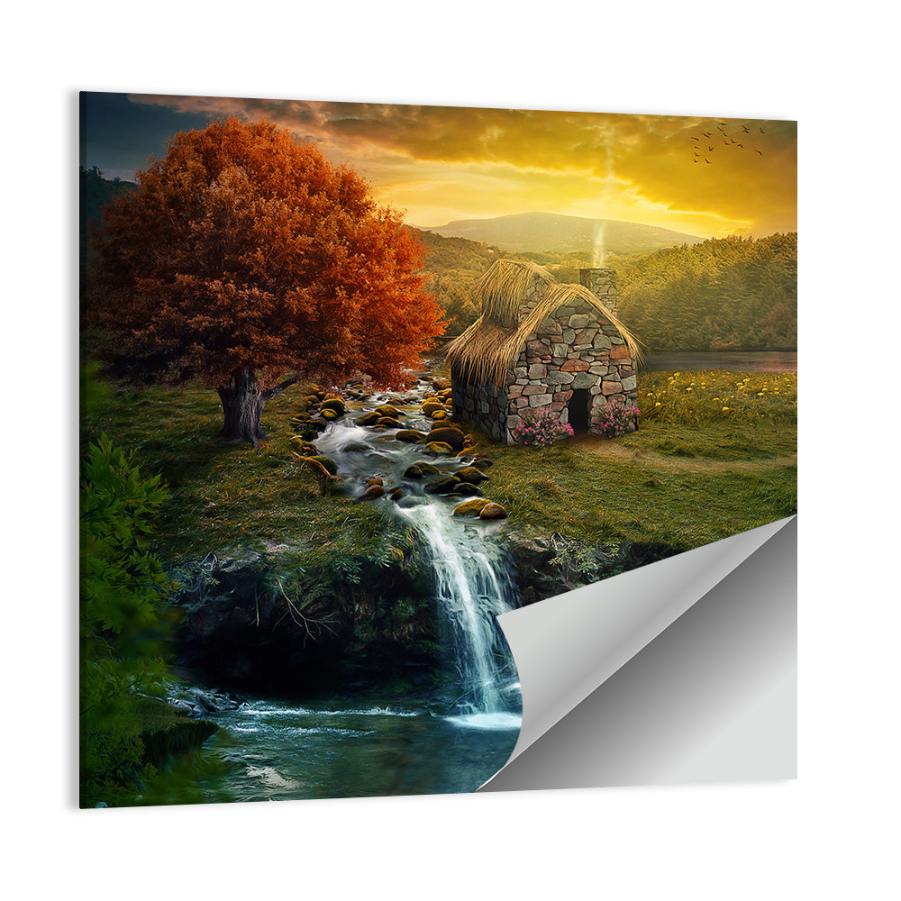 Thatched Cottage by Mountain Stream Wall Art