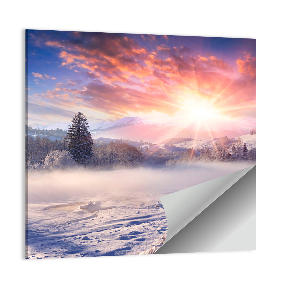 Sunrise Over Snowy Mountain Village Wall Art