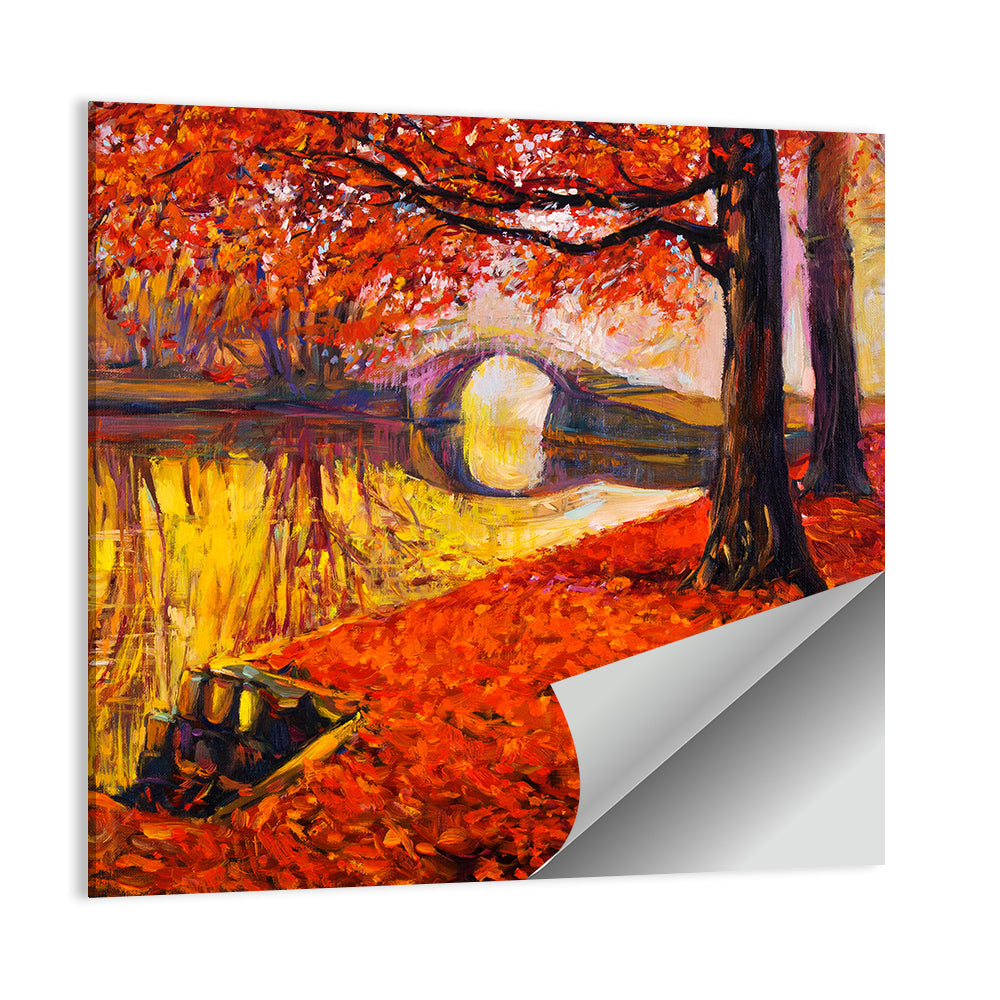 Autumn Bridge Over Golden Lake Wall Art