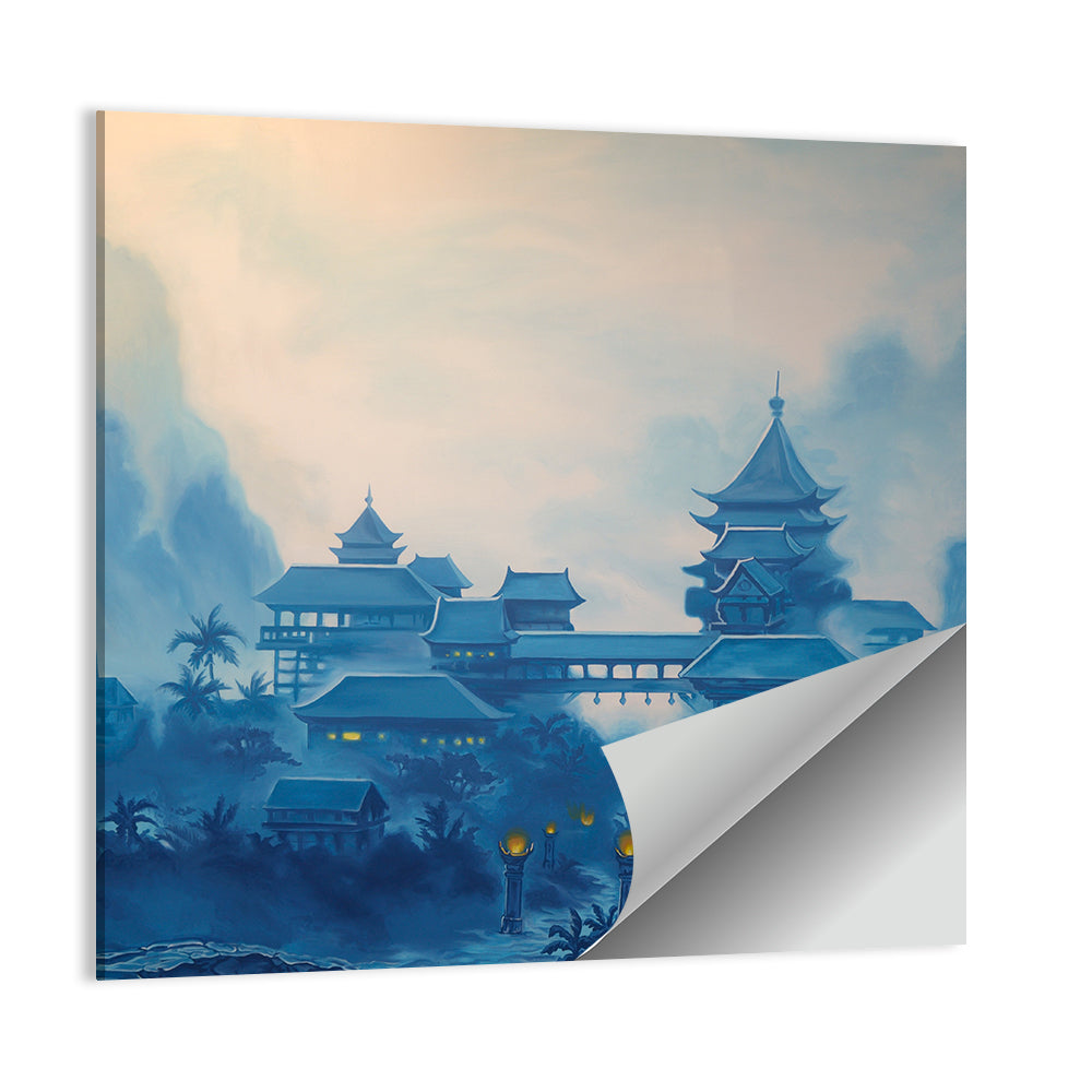 Misty Chinese Mountain Temple Wall Art