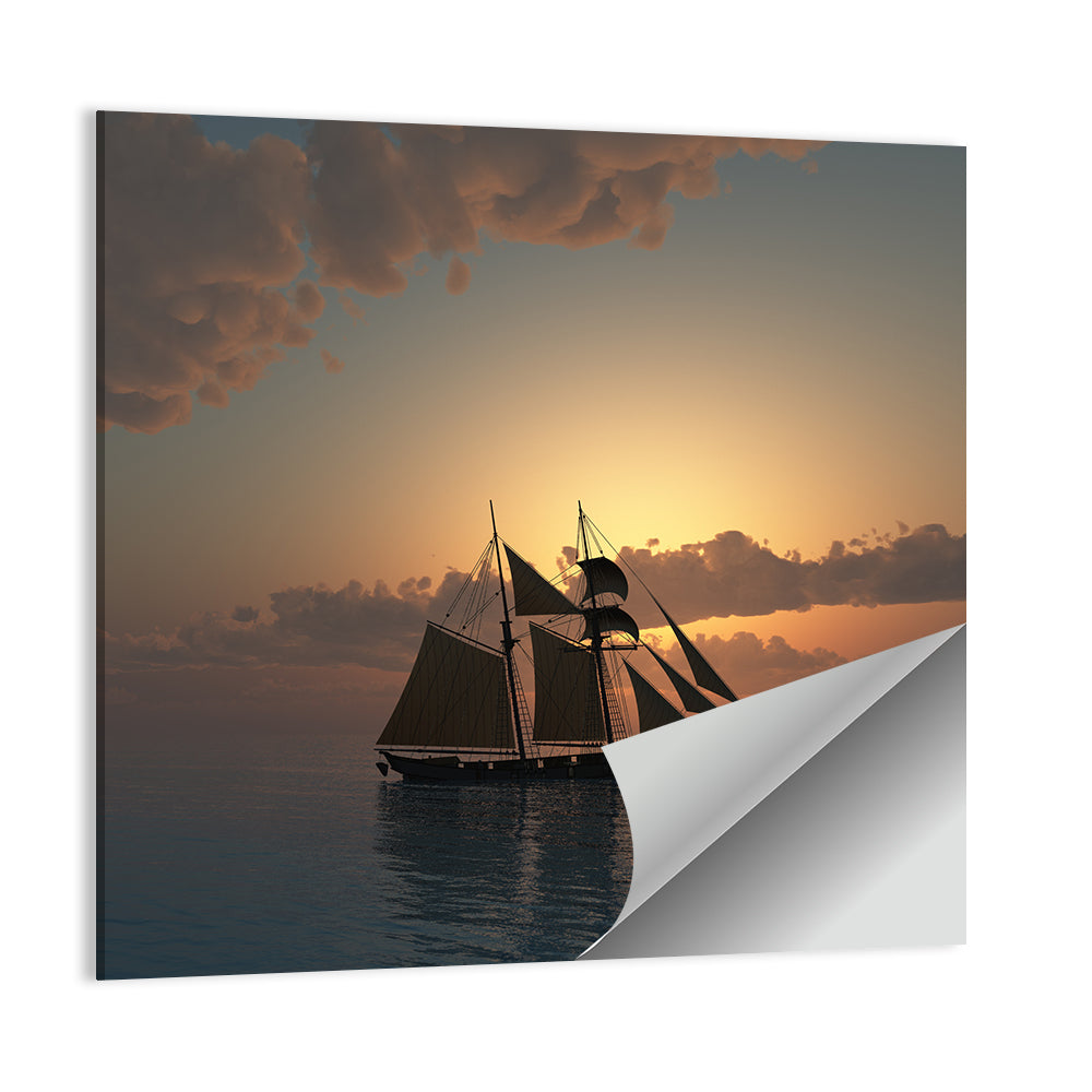 Schooner Silhouette at Sunset Wall Art