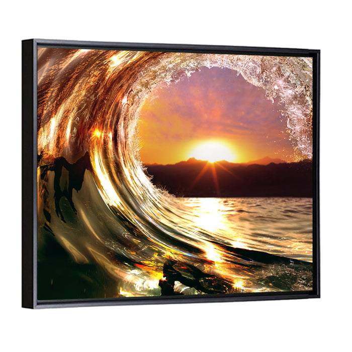 Ocean Wave Sunset Wall Art as a framed canvas