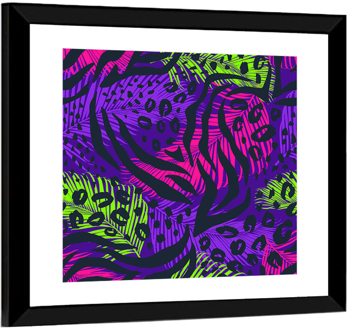 Neon Tropical Leaf Pattern Wall Art as a framed print