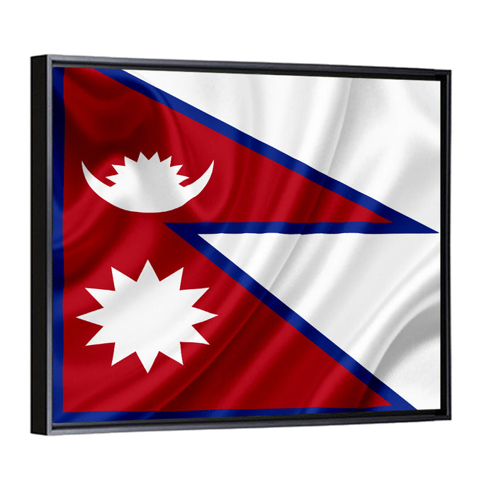 Nepal Flag with Moon and Sun Wall Art as a framed canvas