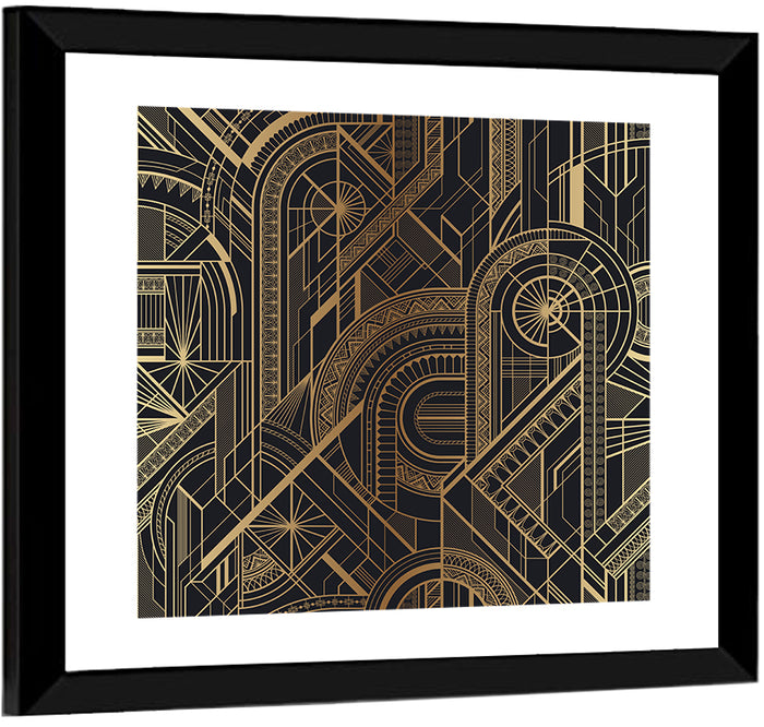 Black and Gold Circle Ornament Pattern Wall Art as a framed print