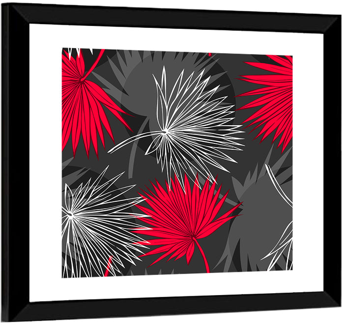 Red Palm Leaf Pattern Wall Art as a framed print