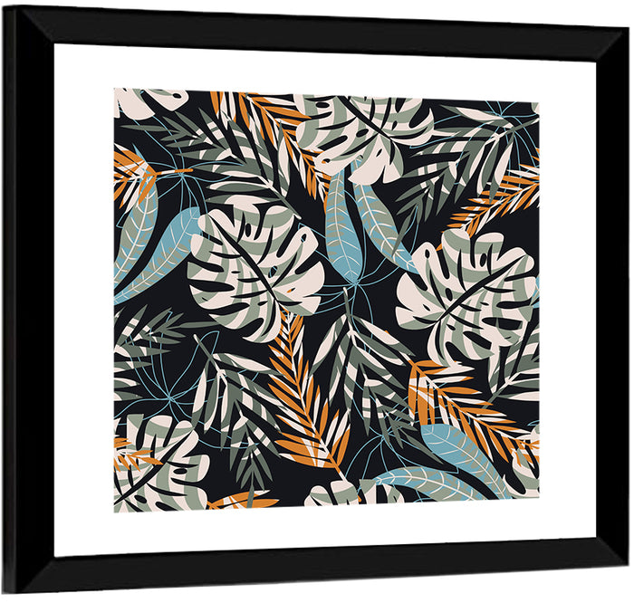 Monstera and Palm Leaves Pattern Wall Art as a framed print