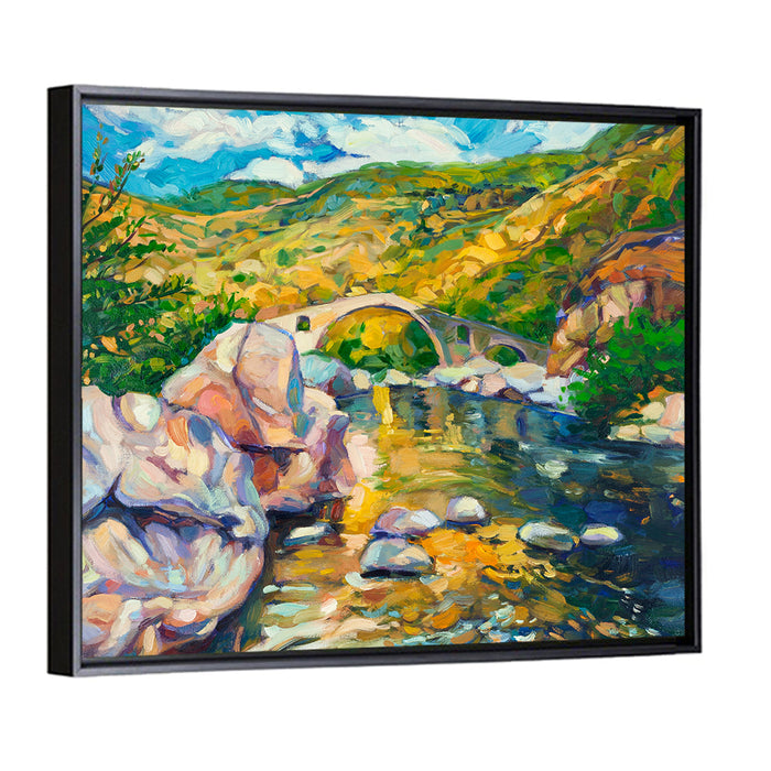 Arched Stone Bridge in Mountain River Wall Art as a framed canvas