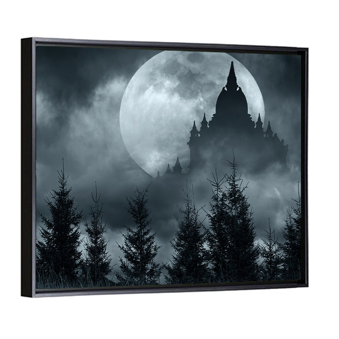 Moonlit Magic Castle Silhouette Wall Art as a framed canvas