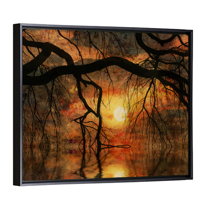 Lake Tree Silhouette at Golden Sunset Wall Art as a framed canvas