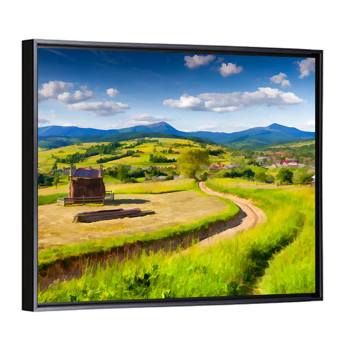 Summer Mountain Village Wall Art as a framed canvas