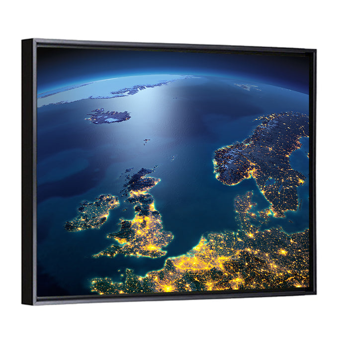 Illuminated United Kingdom from Space Wall Art as a framed canvas