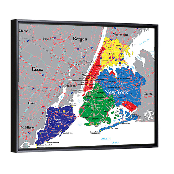 Color-coded New York City Map Wall Art as a framed canvas