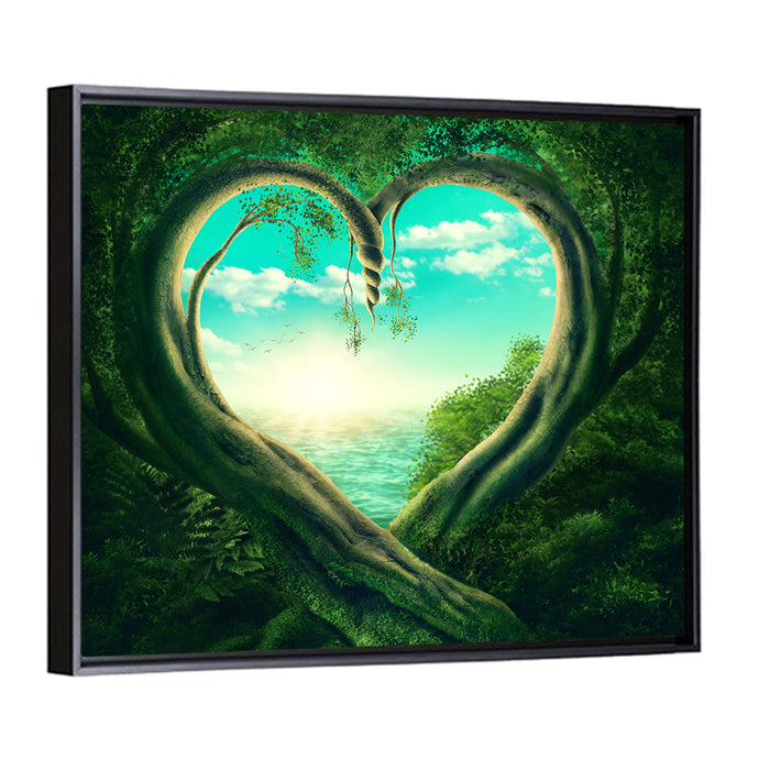 Two Trees Forming a Heart Wall Art as a framed canvas