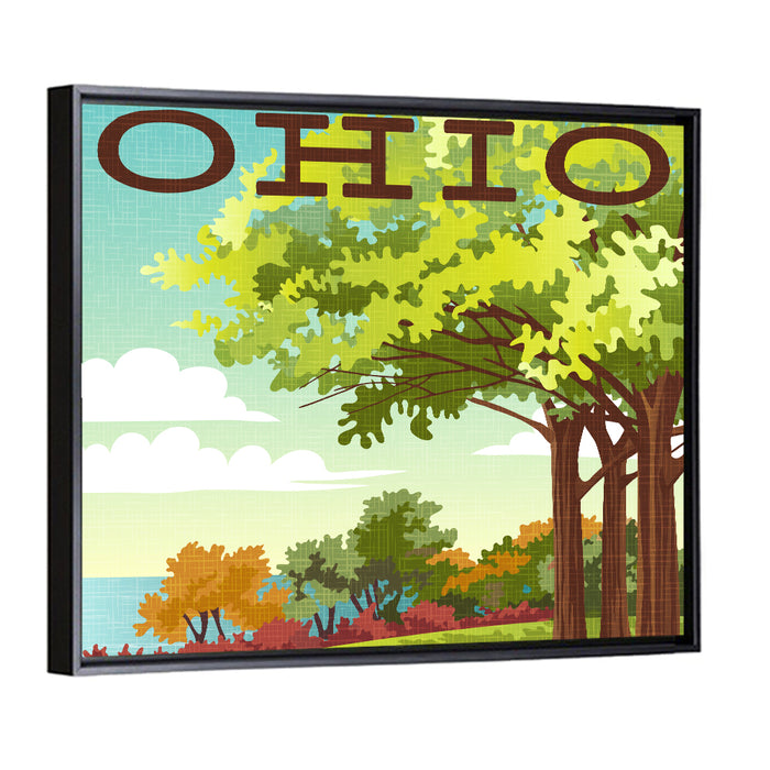 Retro Ohio Travel Illustration Wall Art as a framed canvas