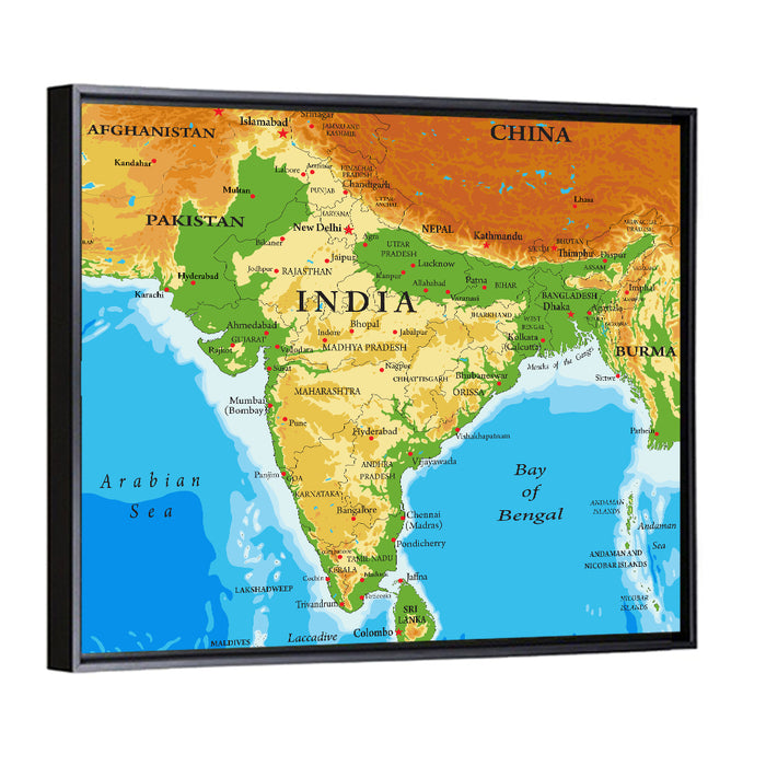 Relief Map of India Wall Art as a framed canvas