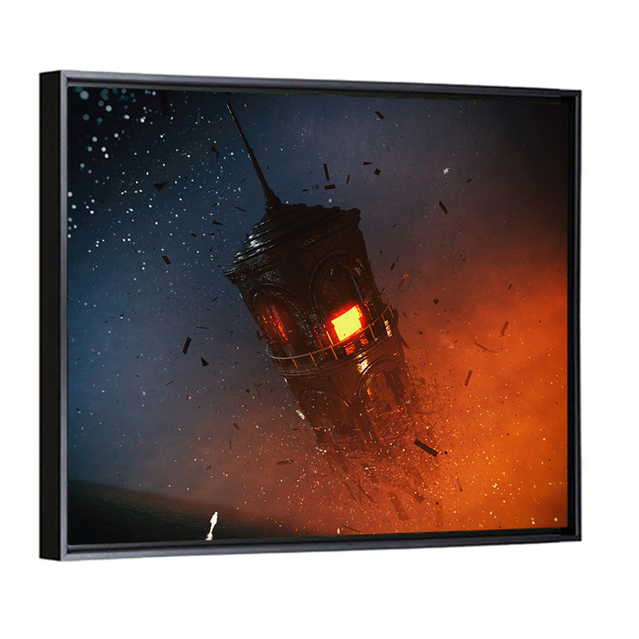 Floating Tower at Night Wall Art as a framed canvas