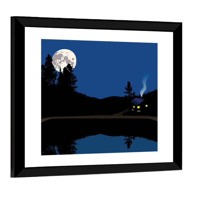 Moonlit Cabin on Mountain Lake Canvas Wall Art as a framed print