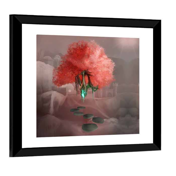 Floating Pink Tree Over Stone Path Wall Art as a framed print