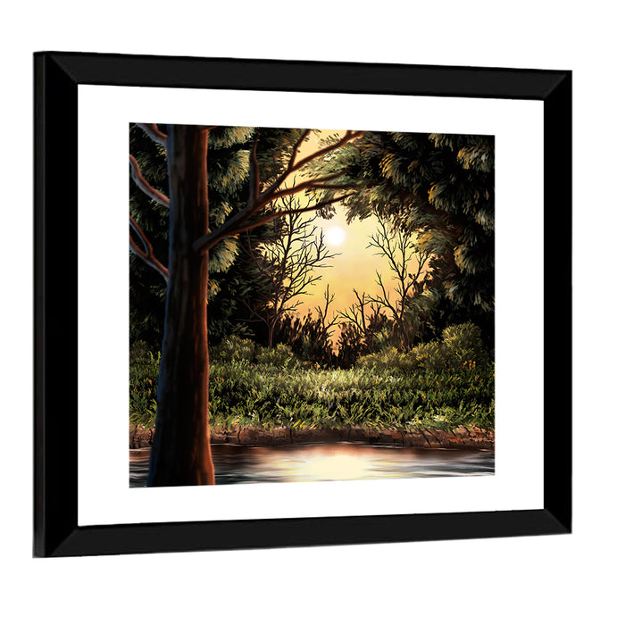 Golden Hour Lake in the Woods Wall Art as a framed print