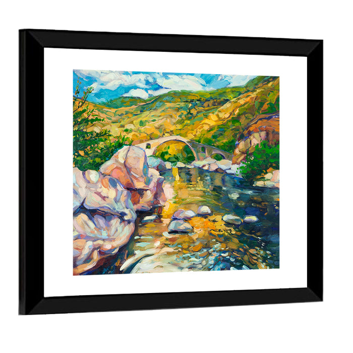 Arched Stone Bridge in Mountain River Wall Art as a framed print