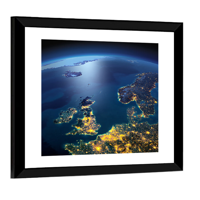 Illuminated United Kingdom from Space Wall Art as a framed print