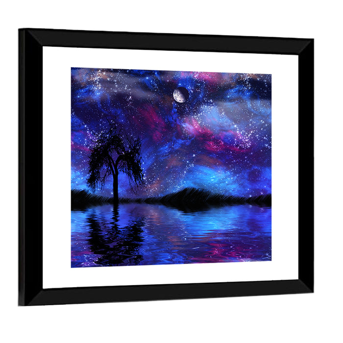 Moonlit Nebula Lake Wall Art as a framed print