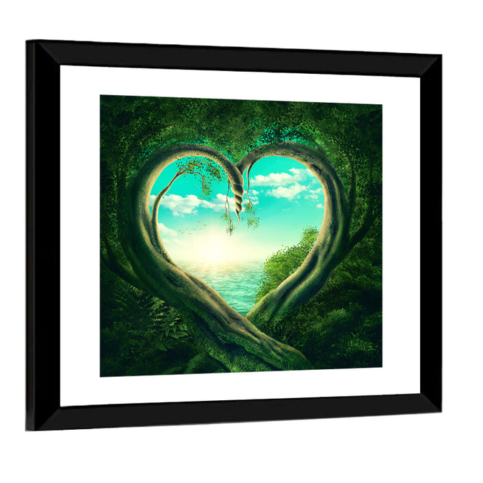 Two Trees Forming a Heart Wall Art as a framed print
