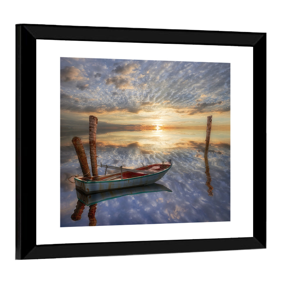 Lonely Boat at Sunset Wall Art, framed print, square