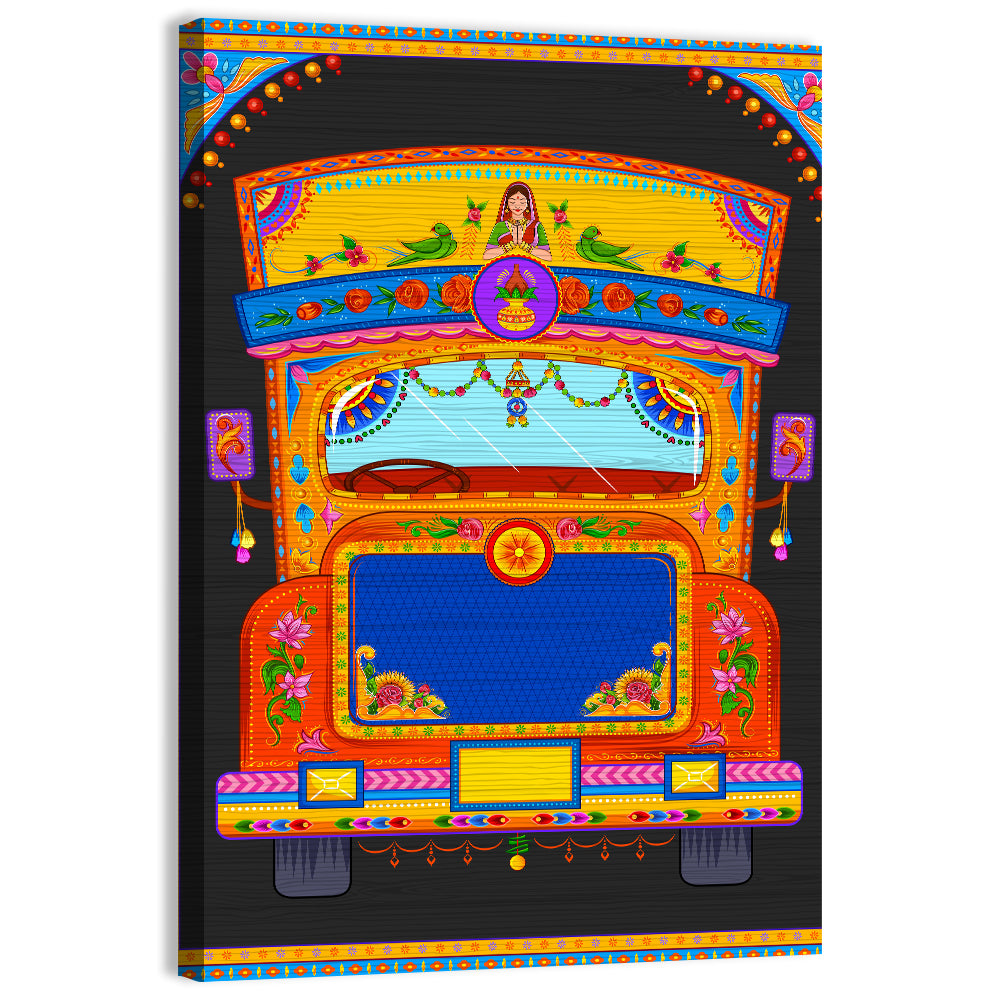 Colorful Indian Truck Illustration Wall Art, canvas print, portrait