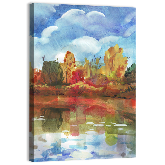 Autumn Lake Reflection Watercolor Wall Art as a canvas print