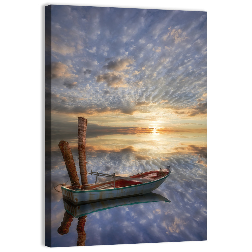 Lonely Boat at Sunset Wall Art, canvas print, portrait