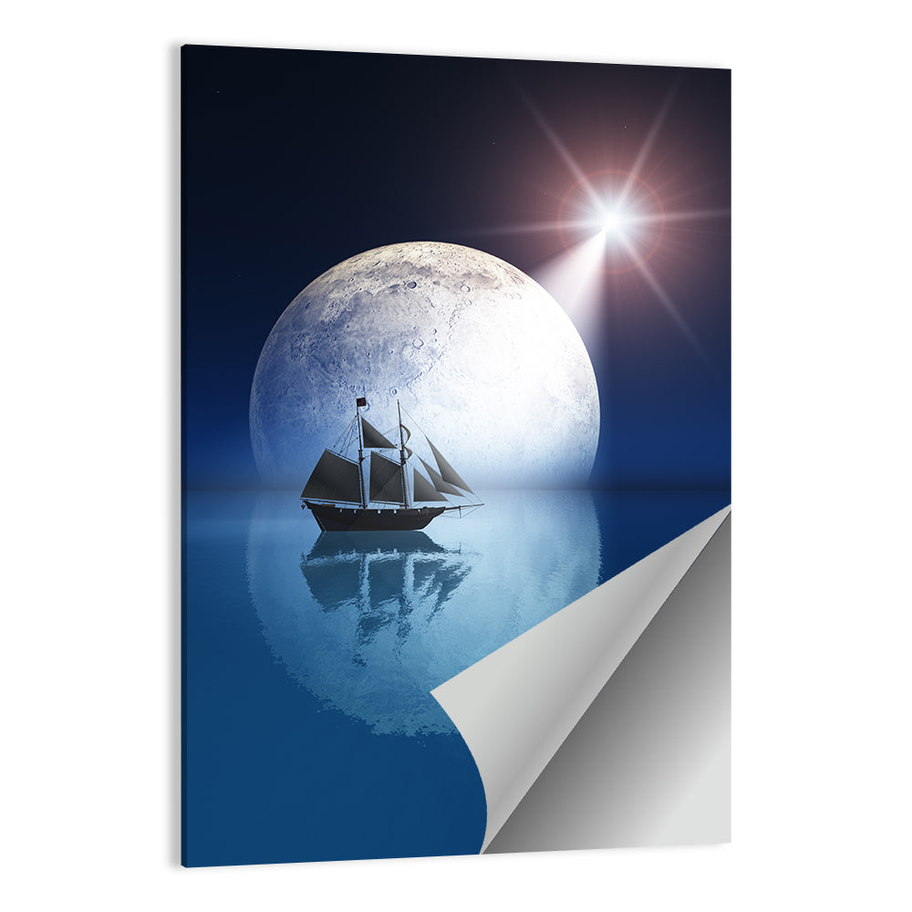 Moonlit Ship with Glowing Star Wall Art