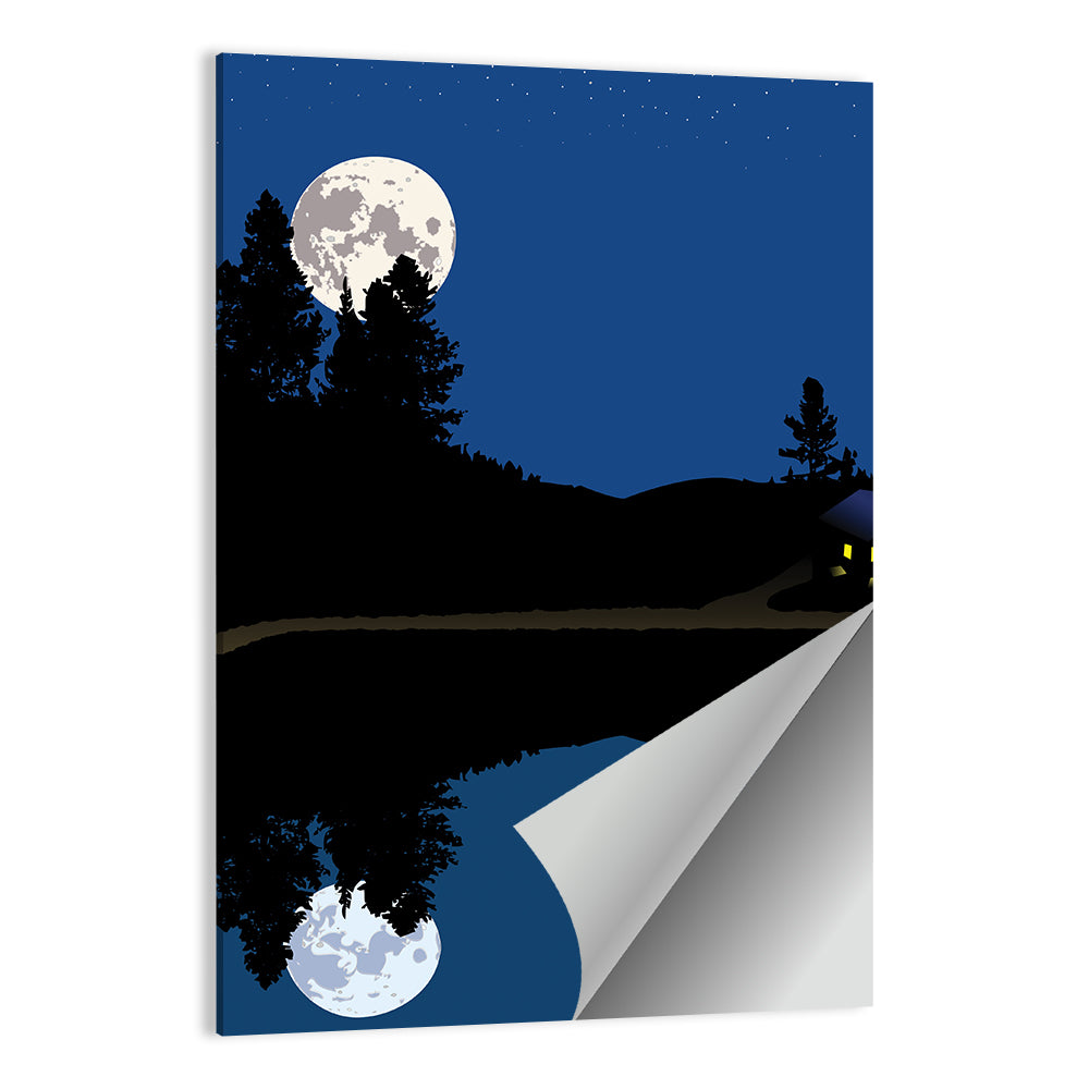 Moonlit Cabin on Mountain Lake Canvas Wall Art