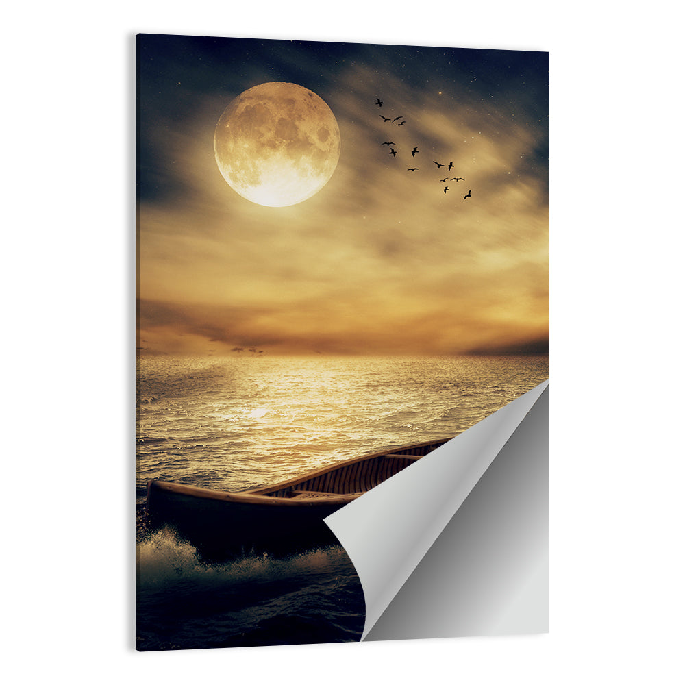 Moonlit Boat in Stormy Ocean Wall Art