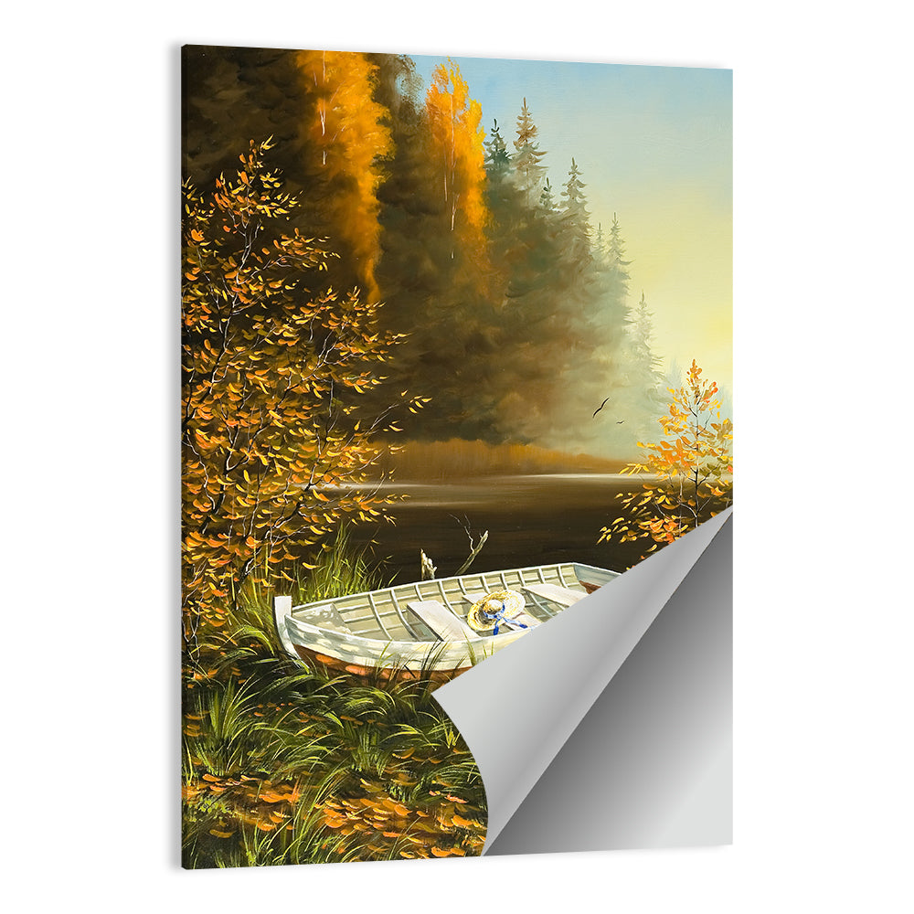 Boat with Straw Hat on Lake Bank Wall Art