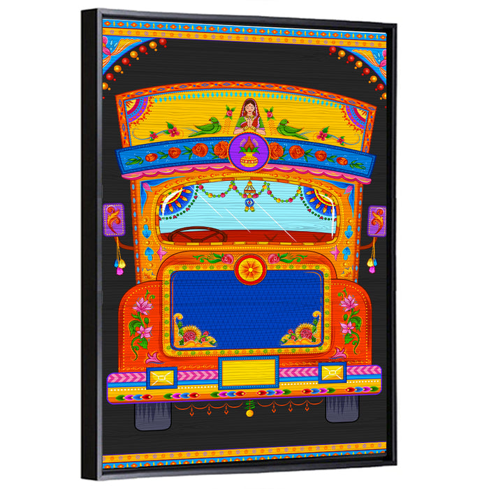 Colorful Indian Truck Illustration Wall Art as a framed canvas