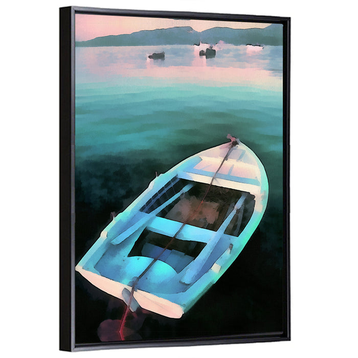 Tethered Rowboat at Dusk Wall Art as a framed canvas