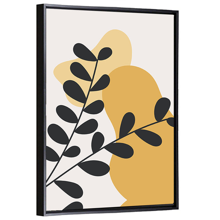 Diagonal Black Leaves with Golden Shapes Wall Art as a framed canvas