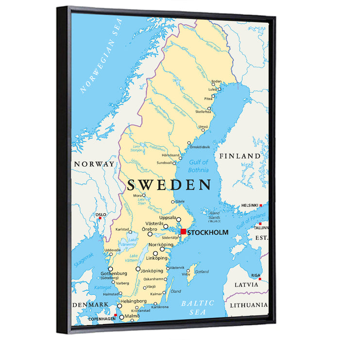 Political Map of Sweden Wall Art as a framed canvas