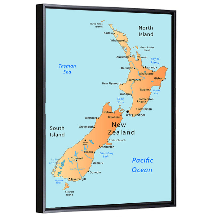 New Zealand Cartographic Map Wall Art as a framed canvas