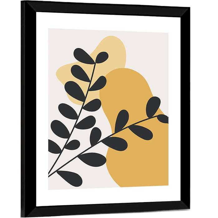 Diagonal Black Leaves with Golden Shapes Wall Art as a framed print