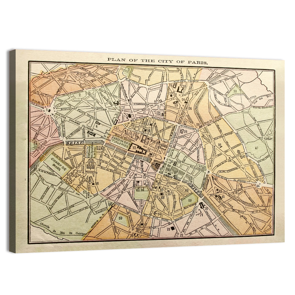Plan of Paris Wall Art, canvas print, landscape
