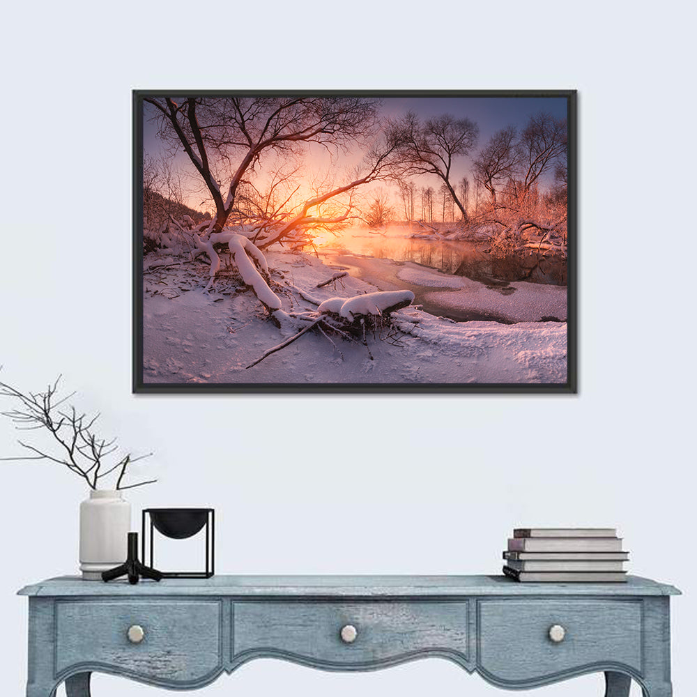 Sunset Over Snowy Forest Lake Wall Art