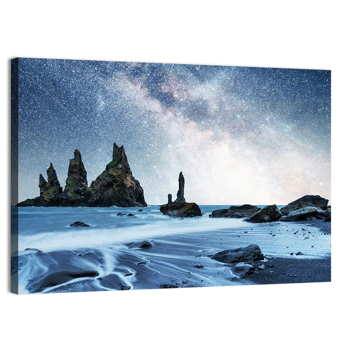 Reynisdrangar Sea Stacks Night Wall Art as a canvas print