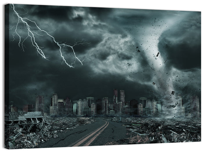 Tornado Over Destroyed City Skyline Wall Art as a canvas print