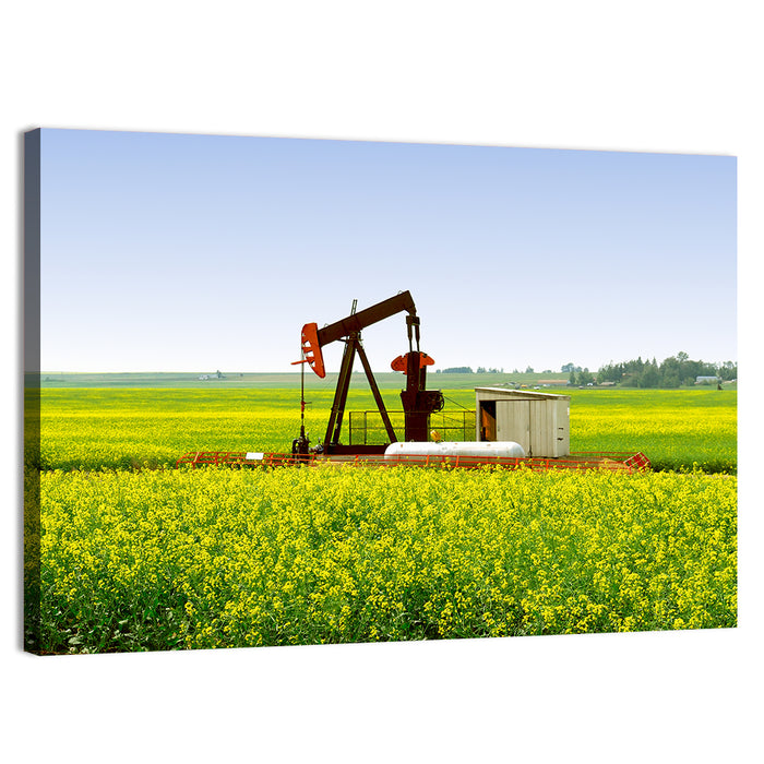 Rusty Pumpjack in Yellow Canola Field Wall Art as a canvas print